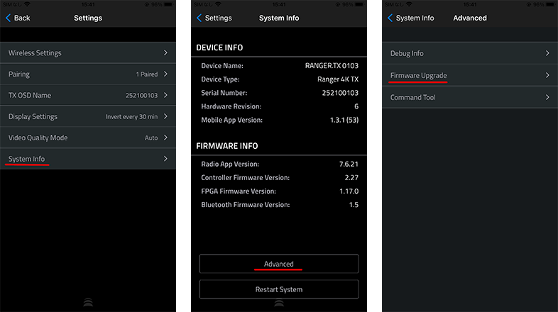 「System Info」>「Advanced」>「Firmware Upgrade」に進んでください